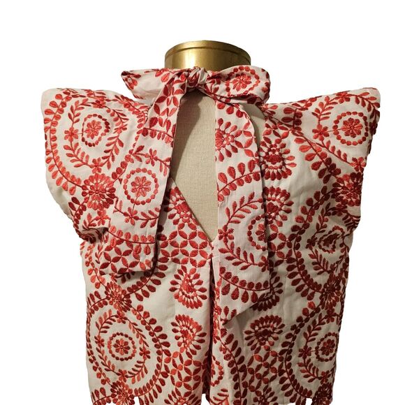 Maia Medallion Embroidered Cap Ruffle Sleeve Shift Dress 4 White Red - Picture 4 of 10